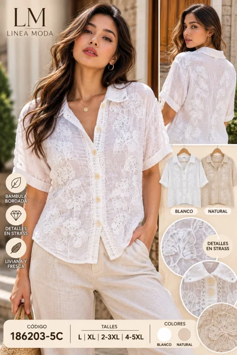 Camisa de Bambula Bordada con de Talles en Strass6203-5