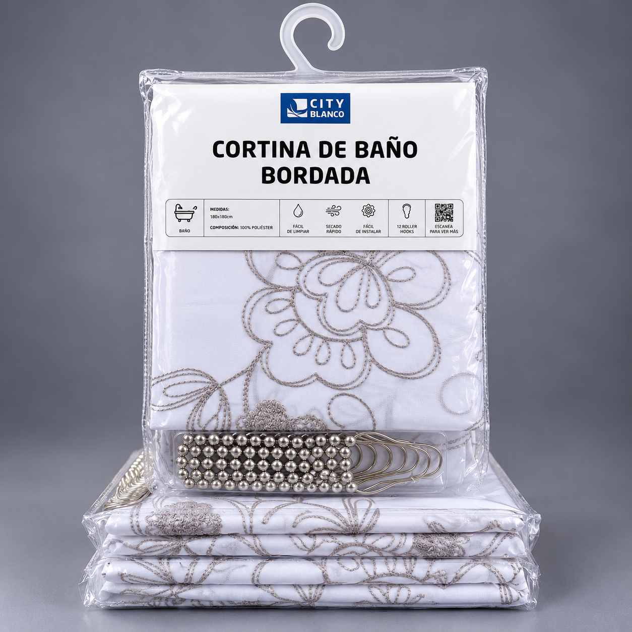 Cortina de Baño Gris  & Blanco Bordada Floral 180x180 Cm + 12 Ganchos - 333.png