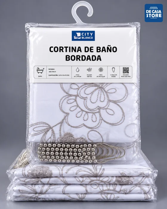 Cortina de Baño Gris  & Blanco Bordada Floral 180x180 Cm + 12 Ganchos