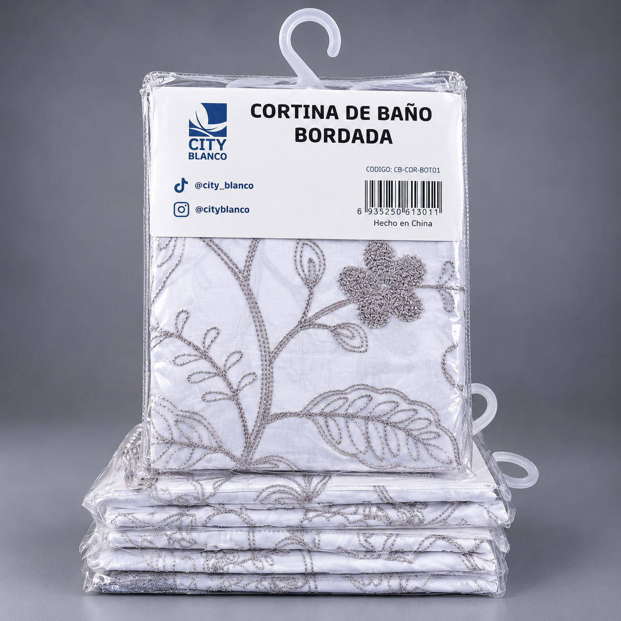 Cortina de Baño Gris  & Blanco Bordada Floral 180x180 Cm + 12 Ganchos - 222.png