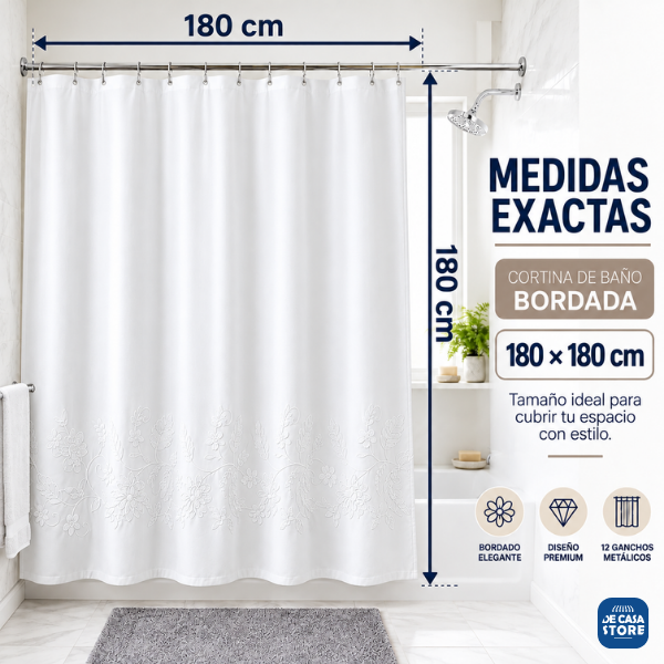 Cortina de Baño Gris & Blanco Bordada Floral 180x180 Cm + 12 Ganchos - 3.png