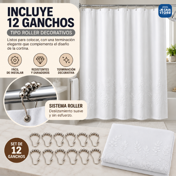 Cortina de Baño Gris & Blanco Bordada Floral 180x180 Cm + 12 Ganchos - 5.png