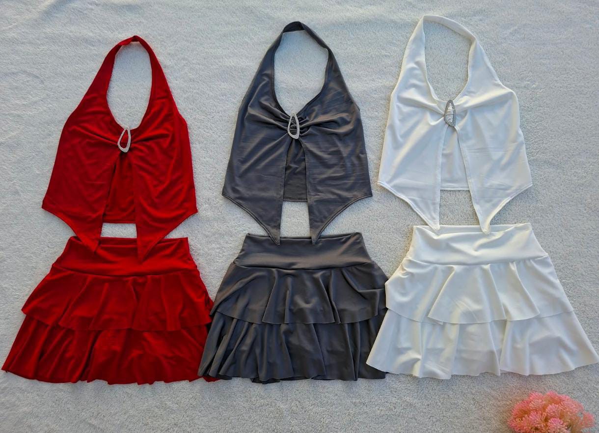 Conjunto Microfibra Lycra Mujer Verano Pollera Short Músculosa Top Remera - Imagen 2