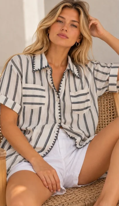 Camisa Rayada Lino Bordada Importado