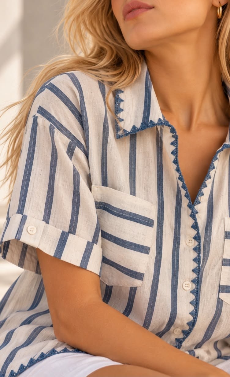 Camisa Rayada Lino Bordada Importado - Imagen 2