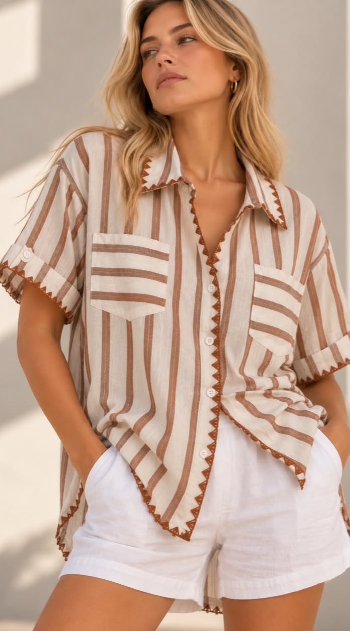 Camisa Rayada Lino Bordada Importado - Imagen 3