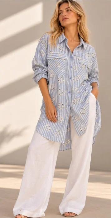 Camisa Poplin Larga Bordada Importado