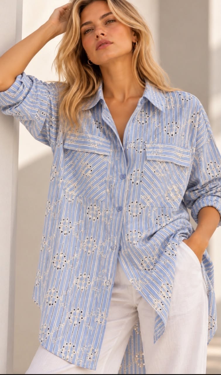 Camisa Poplin Larga Bordada Importado - Imagen 2