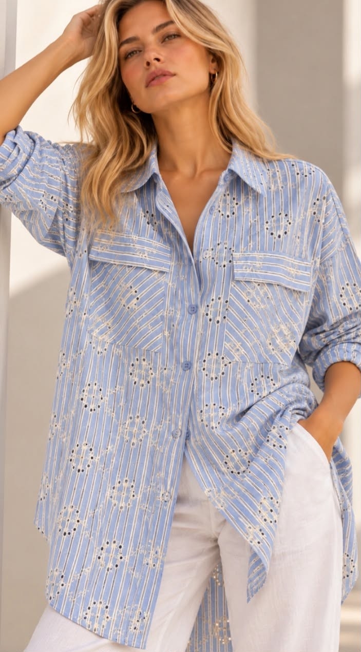 Camisa Poplin Larga Bordada Importado - Imagen 3