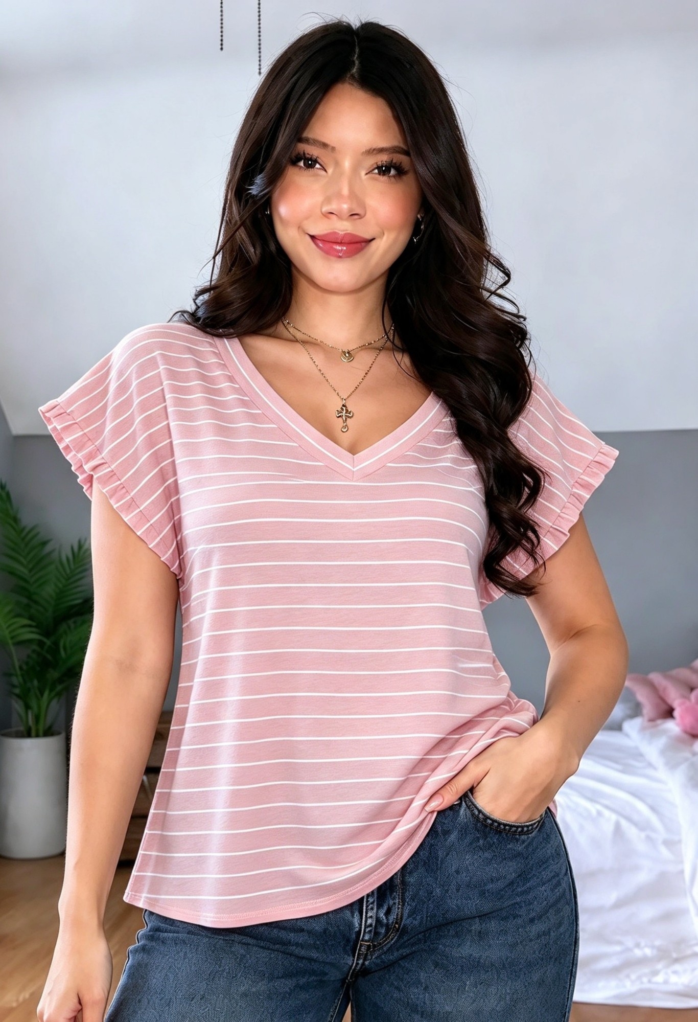 Remera Escote V Rayada - Imagen 3