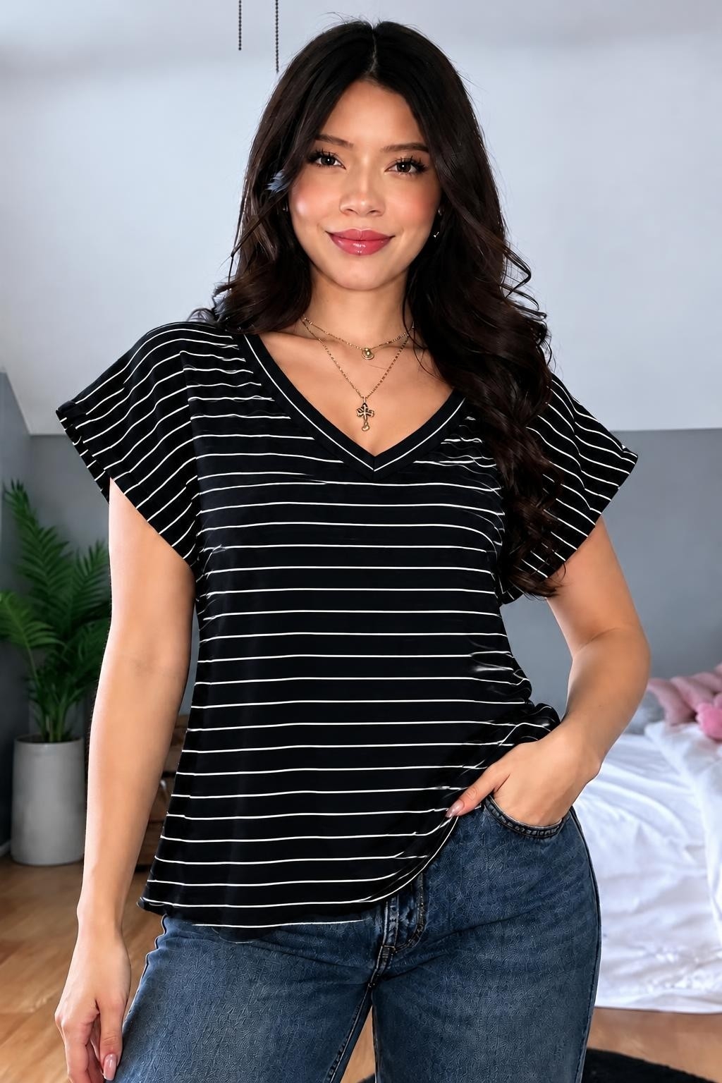 Remera Escote V Rayada - Imagen 5