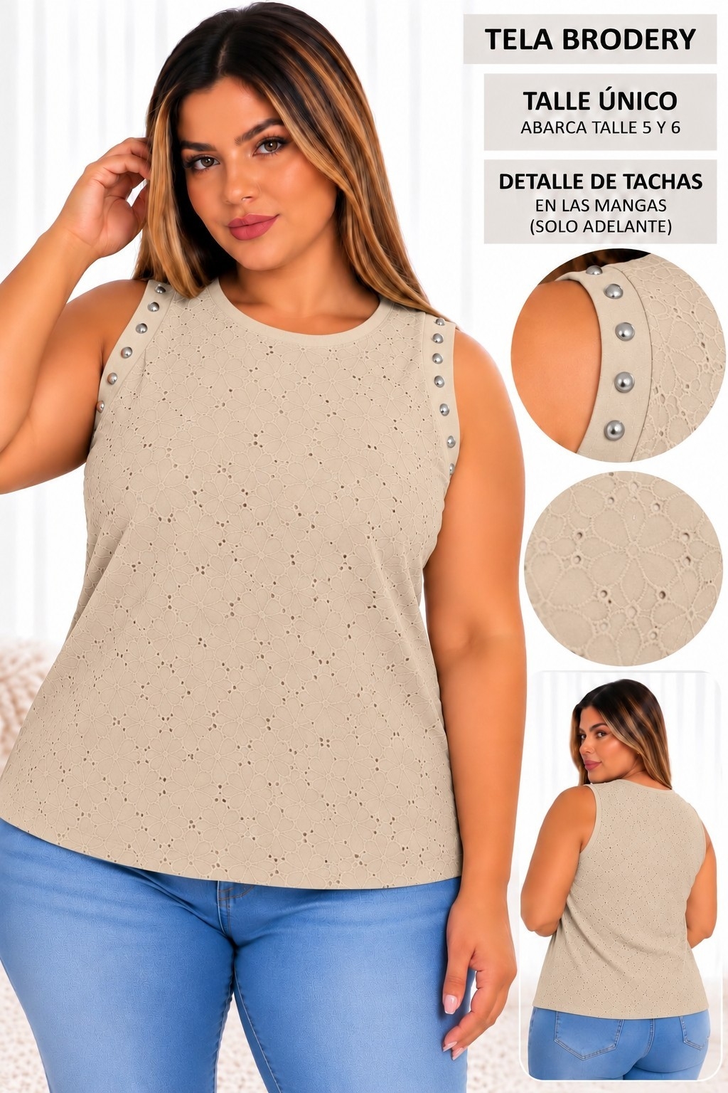 Musculosa Brodery con Tachas Excelente Calidad Talles Unico Abarca 5y6 - Imagen 2