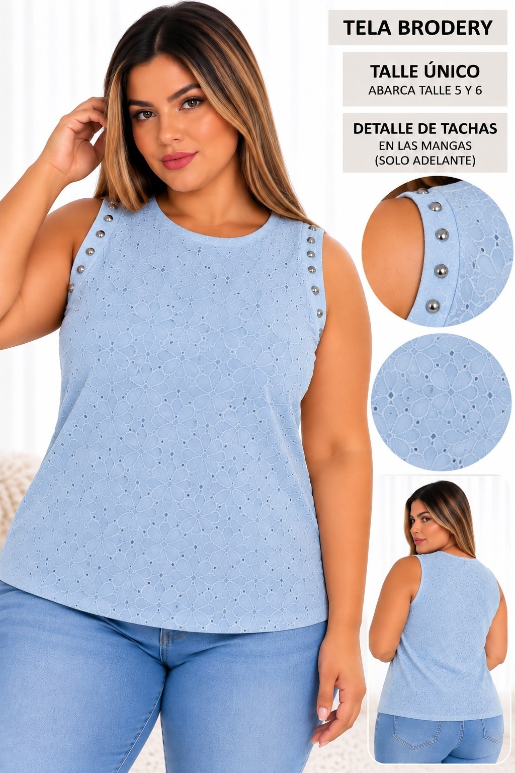 Musculosa Brodery con Tachas Excelente Calidad Talles Unico Abarca 5y6 - Imagen 4