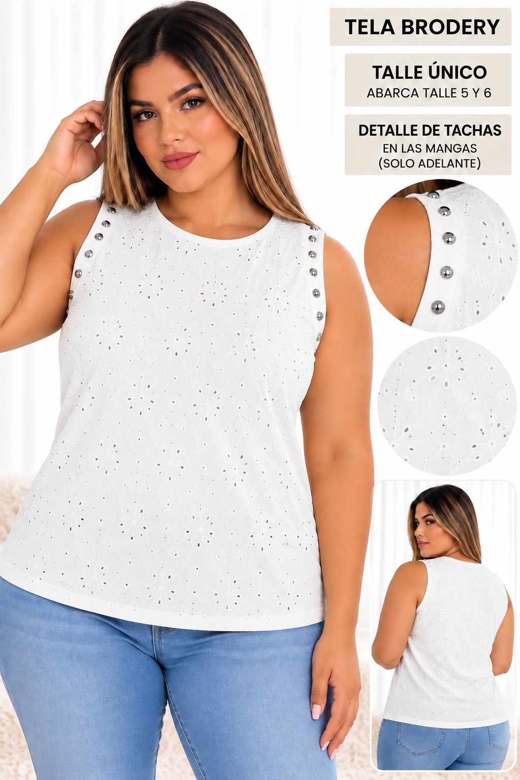 Musculosa Brodery con Tachas Excelente Calidad Talles Unico Abarca 5y6 - Imagen 5