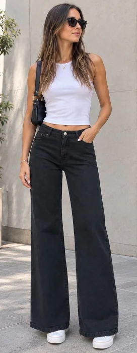 Wide Leg Tiro Medio Negro