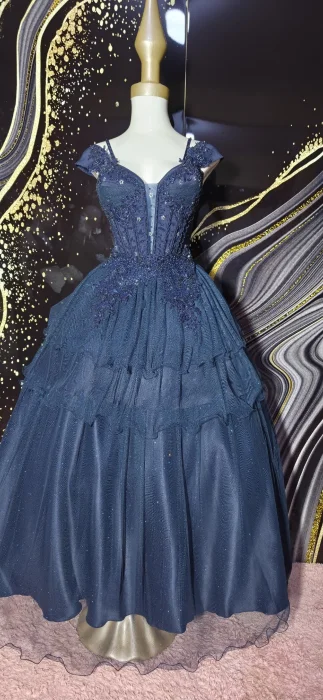 Vestido de 15 de 3 Piezas en Azul Noche