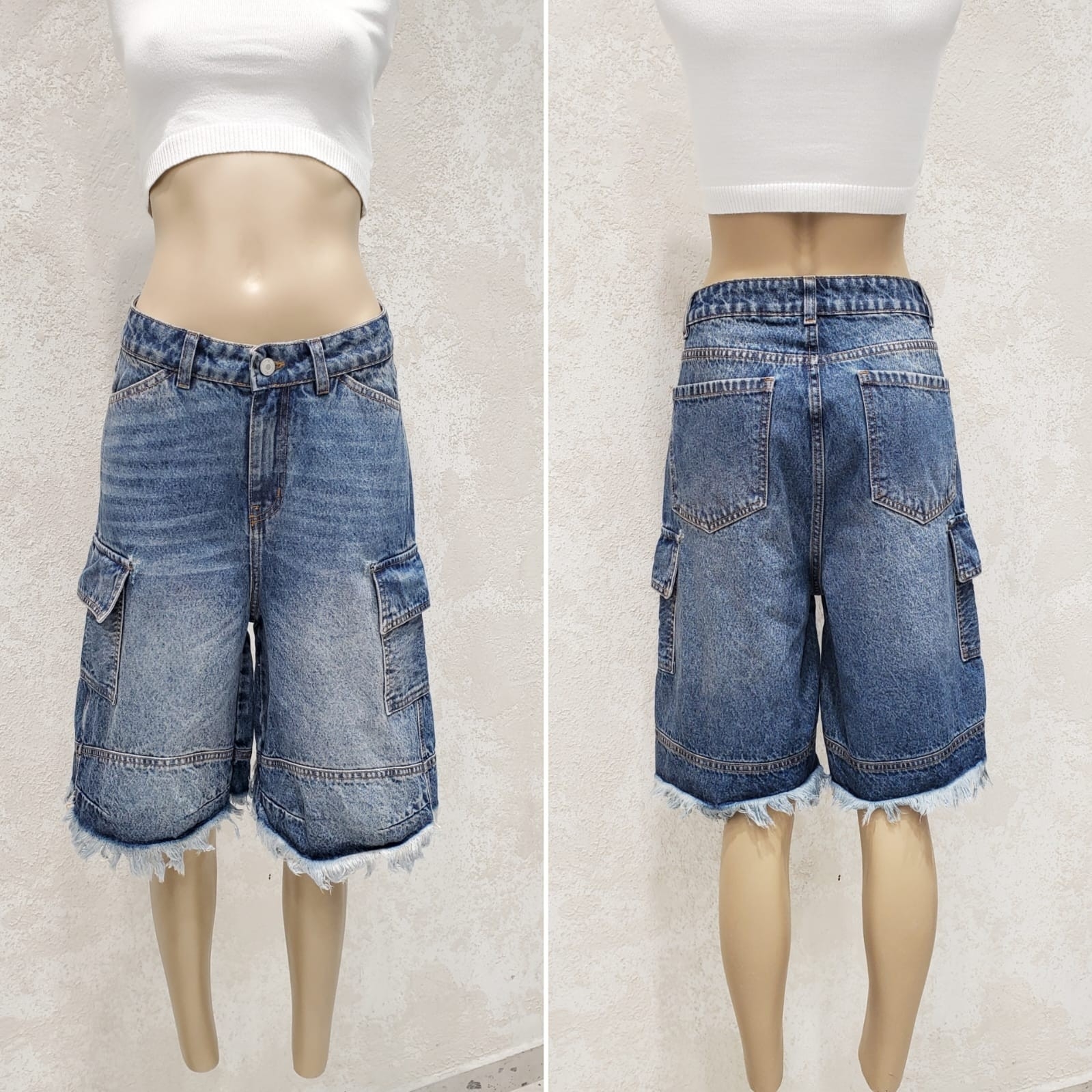 Bermuda Cargo Ruedo Deflecado Denim Rigido Premium - Imagen 2