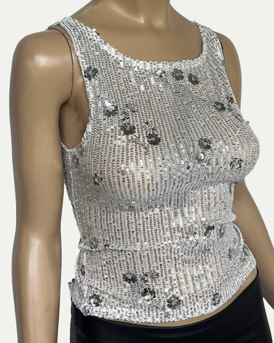 Musculosa Lentejuelas Flor Cuello Bote