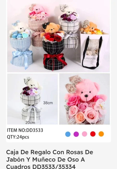 Caja de Regalo con Rosas de Jabon y Muñeci de Oso