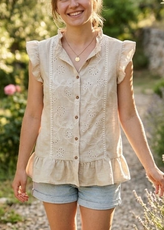 Camisa Polinen Bordado y Puntilla.volado Cuello - Imagen 2