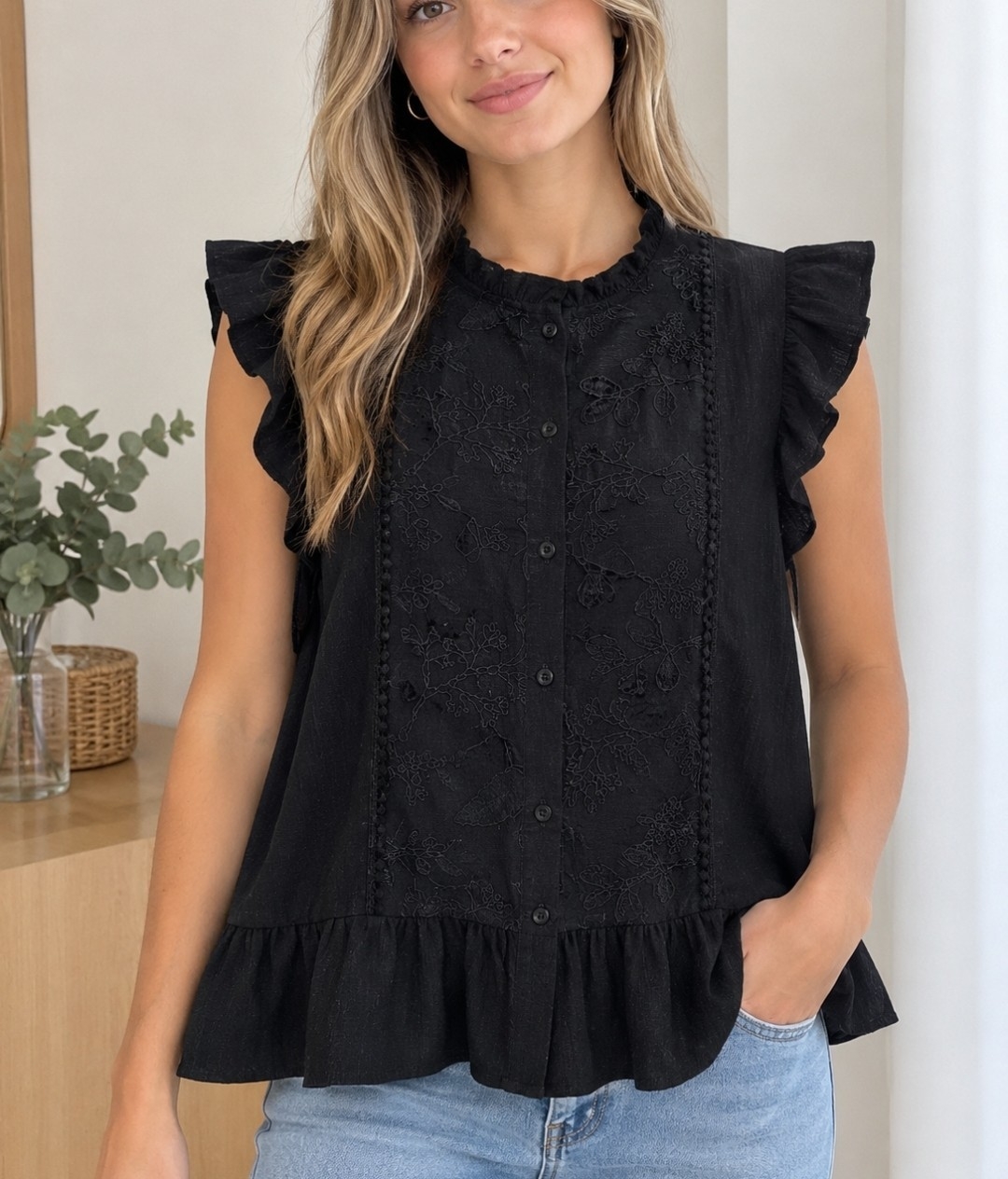 Camisa Polinen Bordado y Puntilla.volado Cuello - Imagen 3