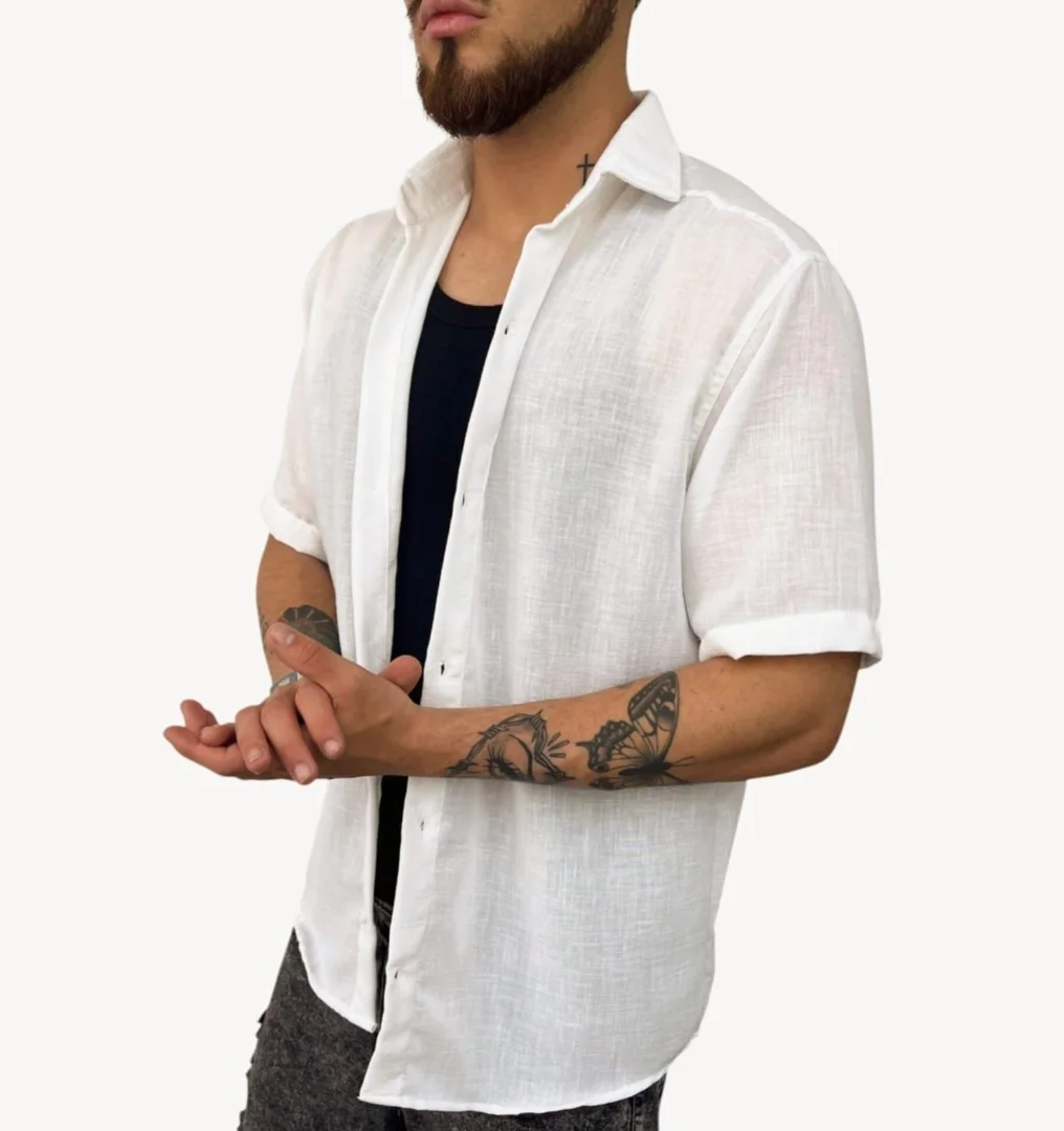 Camisa de Lino Overcice Rígido Natural (cuello Italiano) - Imagen 1