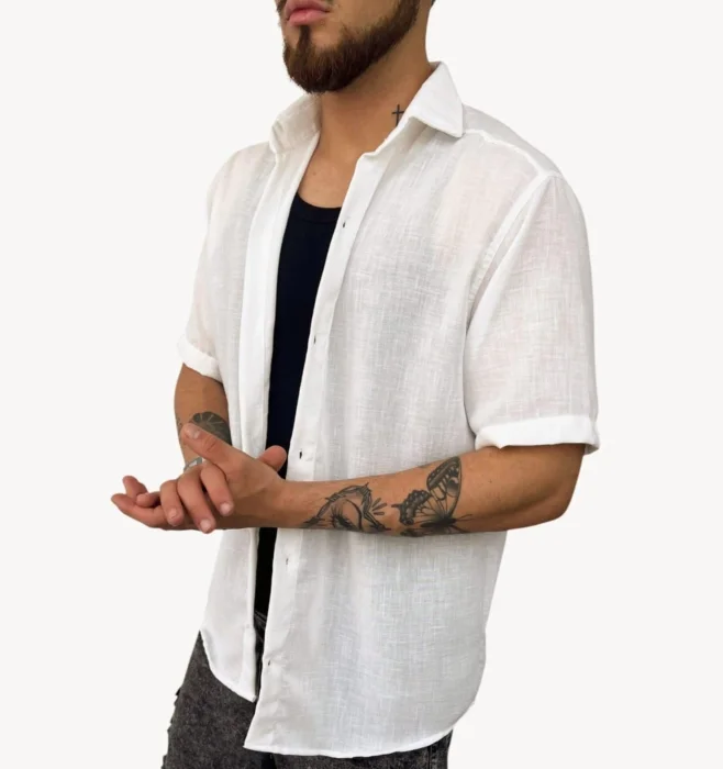 Camisa de Lino Overcice Rígido Natural (cuello Italiano)