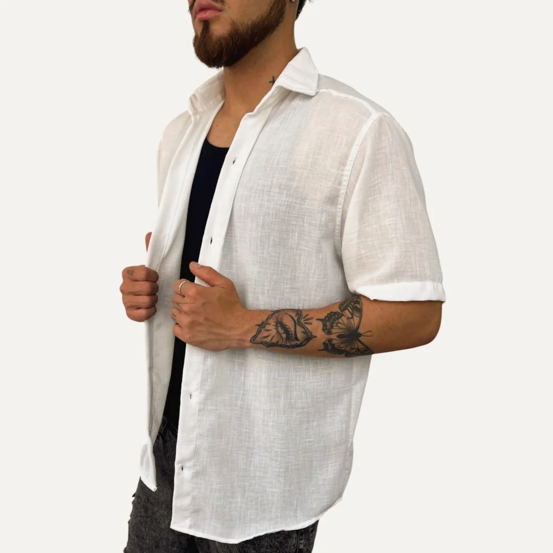 Camisa de Lino Overcice Rígido Natural (cuello Italiano) - Imagen 2