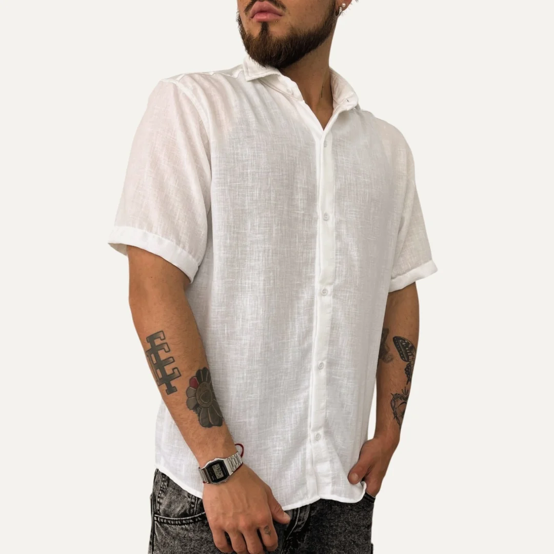 Camisa de Lino Overcice Rígido Natural (cuello Italiano) - Imagen 3
