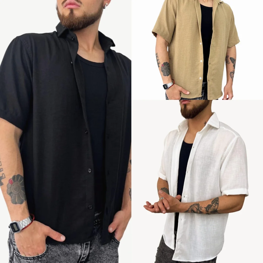 Camisa de Lino Overcice Rígido Natural (cuello Italiano) - Imagen 4