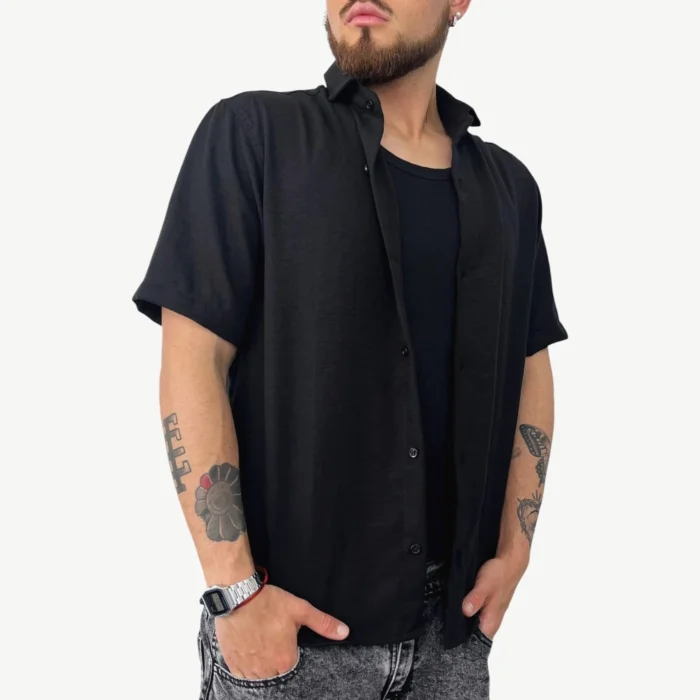 Camisa de Lino Rígido Negro (cuello Italiano)