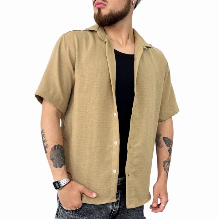 Camisa de Lino Rígido Beige (cuello Italiano)
