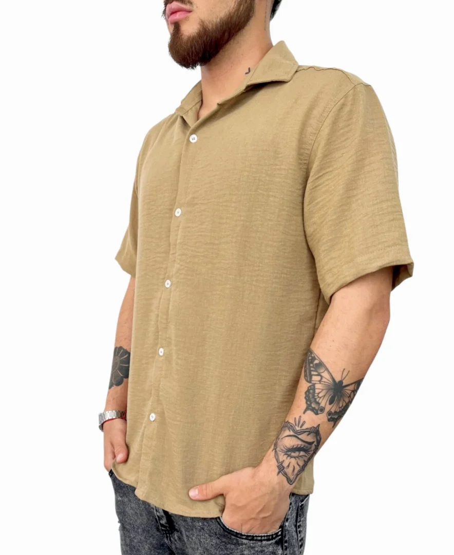 Camisa de Lino Rígido Beige (cuello Italiano) - Imagen 2