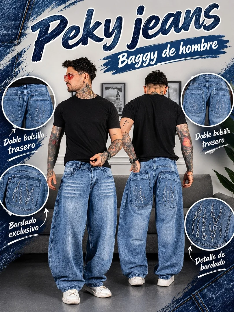 Jeans Baggy de Hombre ( Bordado y Doble Bolsillo ) - Imagen 1