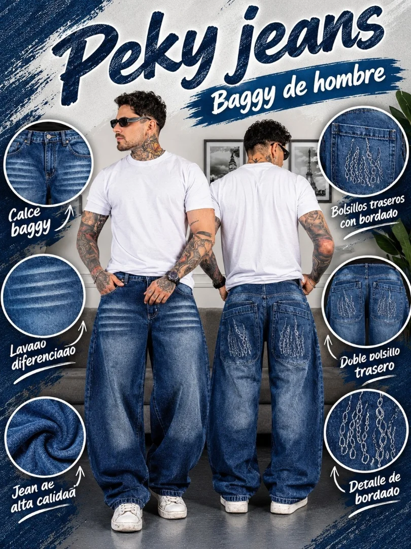 Jeans Baggy de Hombre ( Bordado y Doble Bolsillo) - Imagen 1