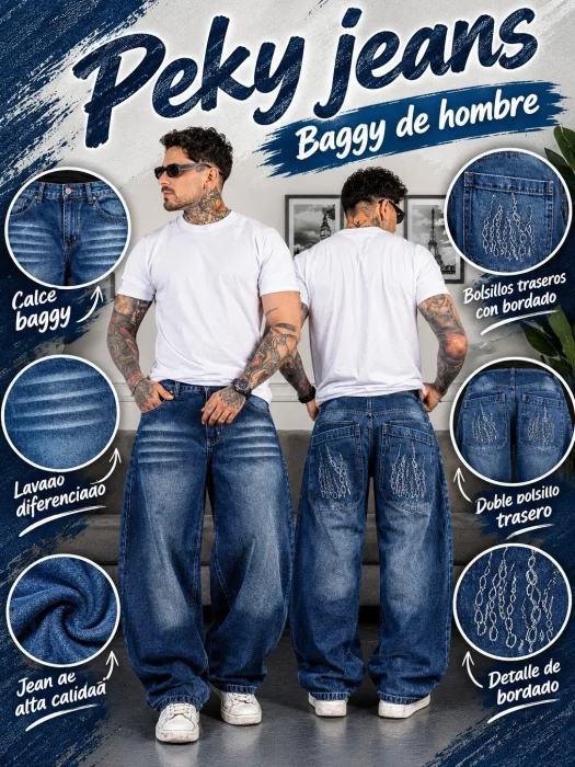 Jeans Baggy de Hombre ( Bordado y Doble Bolsillo)