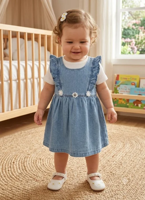 Vestido Bebe Volados y Flor Blanca