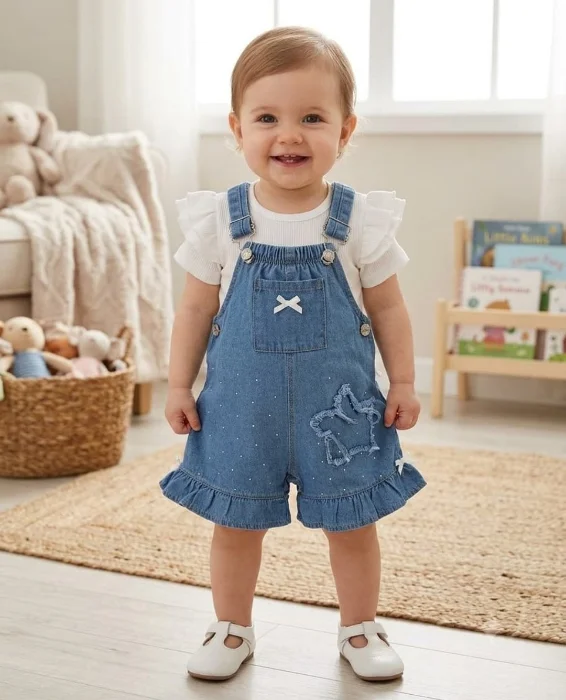 Jardinero Jeans Bebé Volados y Moño