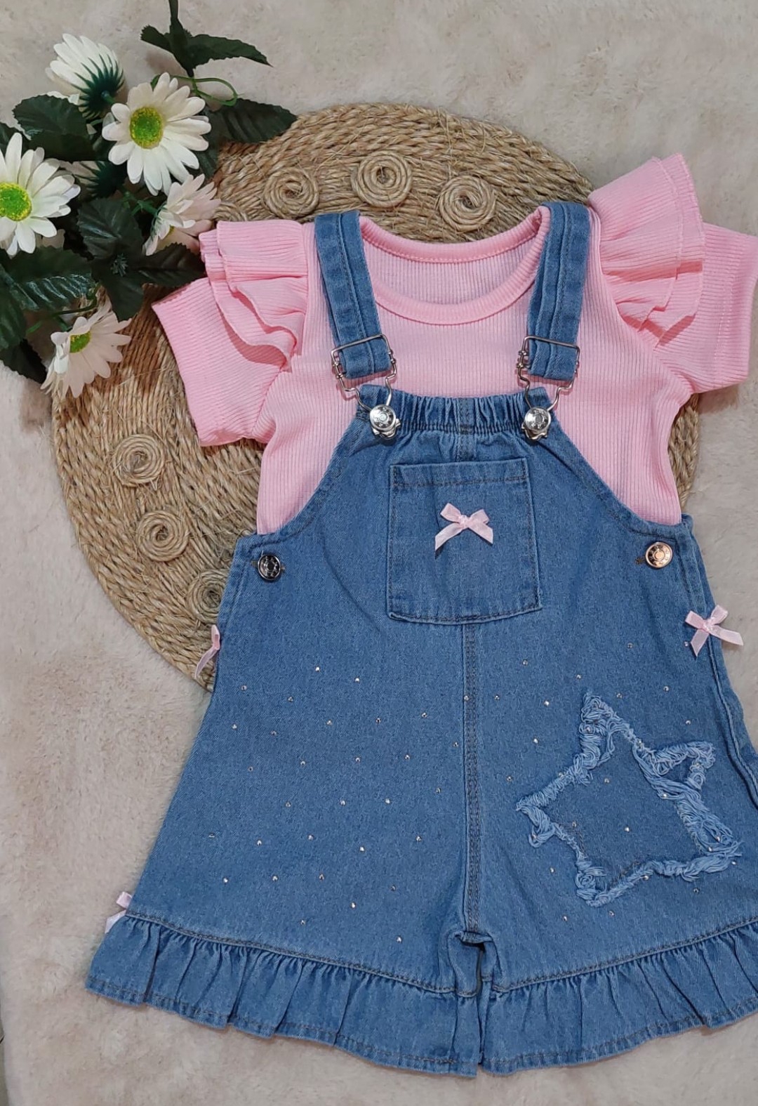 Jardinero Jeans Bebé Volados y Moño - Imagen 3