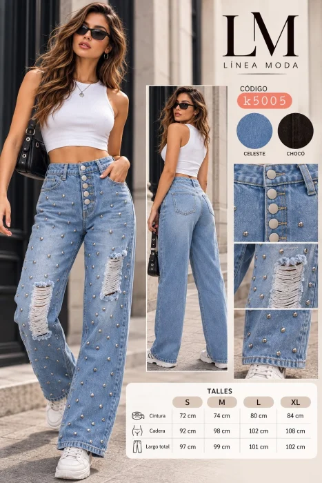 Pantalon de Jean con Roturas y Tachas.k5005
