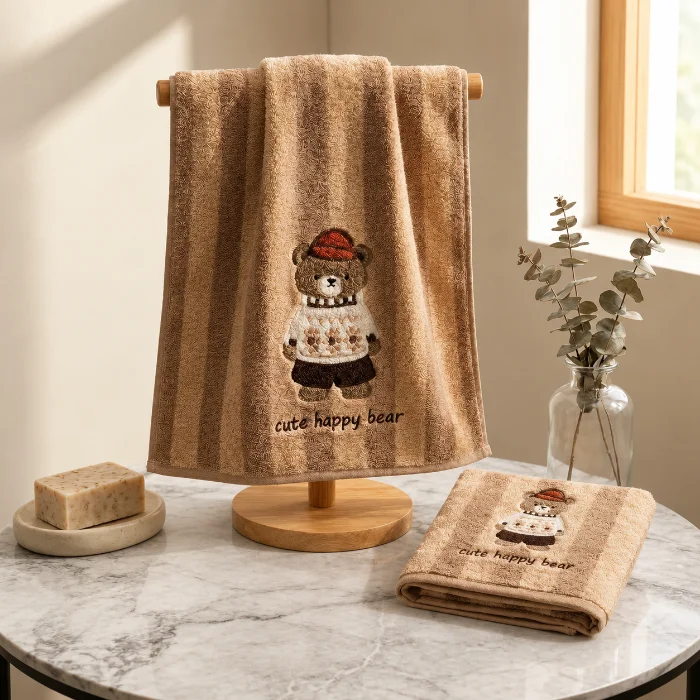 Juego de Toalla y Toallón para Bebe City Blanco Osito Beige |microfibra Secado Rápido