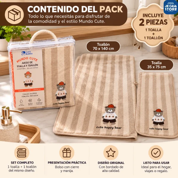 Juego de Toalla y Toallón para Bebe City Blanco Osito Beige |microfibra Secado Rápido - 5.png