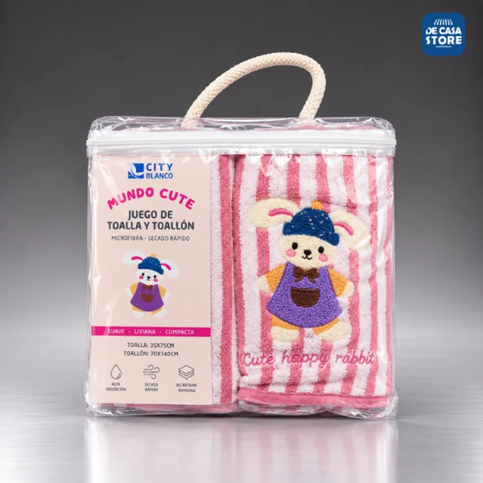 Juego de Toalla y Toallón para Bebe City Blanco  Conejo Rosa|microfibra Secado Rápido