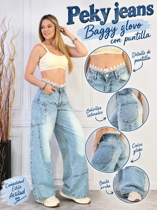 Jeans Baggy con Puntilla