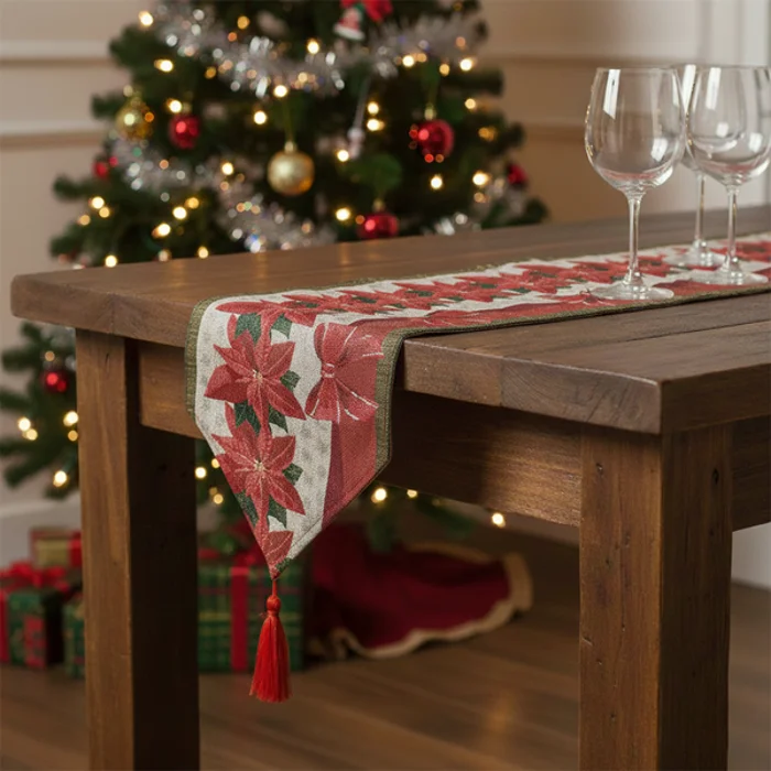 Camino de Mesa Navideño Rústico 33x180 Cm | Diseños Elegantes con Borlas Decorativas