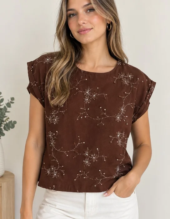 Blusa Twil Bordado y Brillo Bolonia
