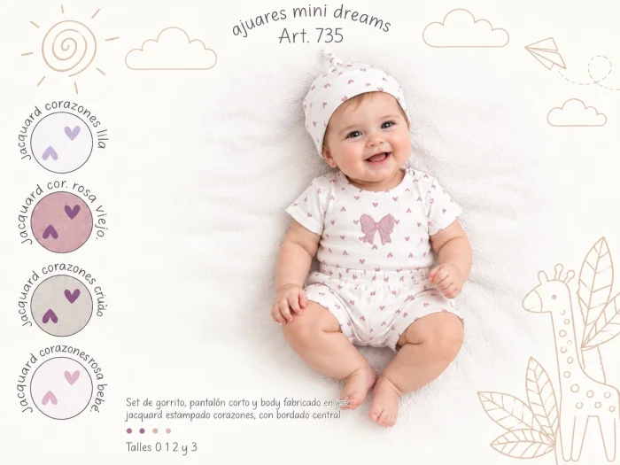 Set 3 Piezas Manga Corta Estampado (body, Short y Gorro) Mini Dreams Art.735