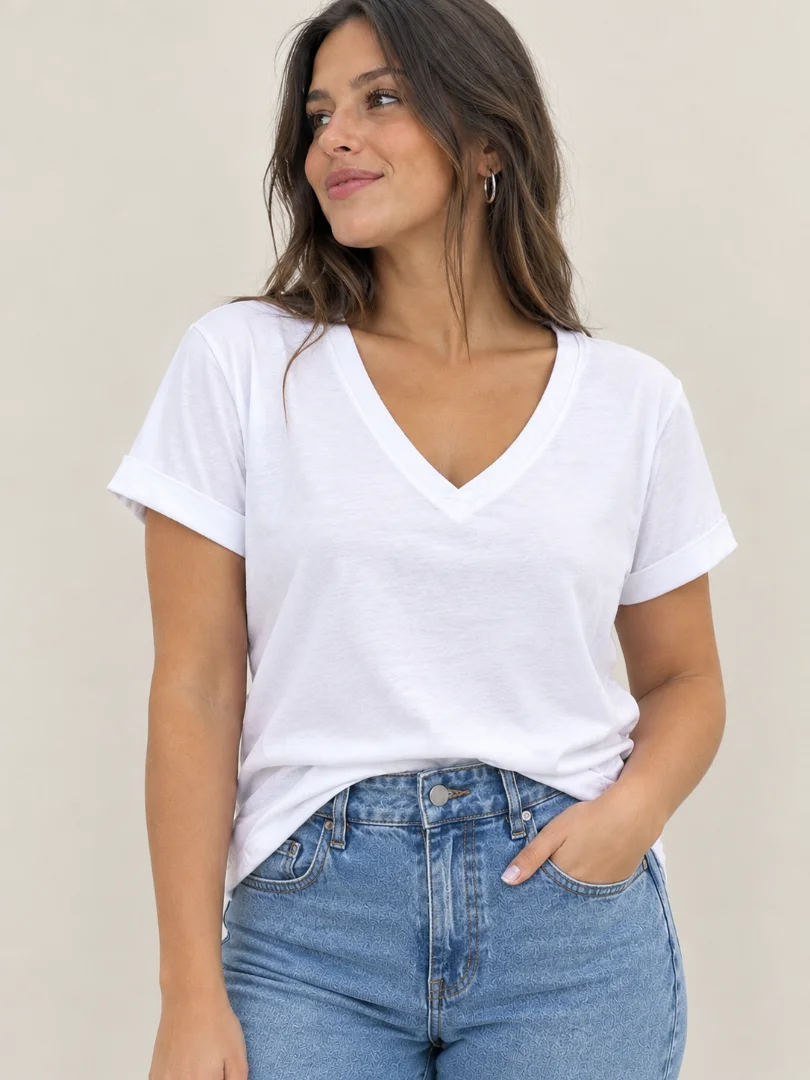 Remera Escote en V Algodón - Retrato%20casual%20con%20camiseta%20blanca%20y%20jeans%20claros.png
