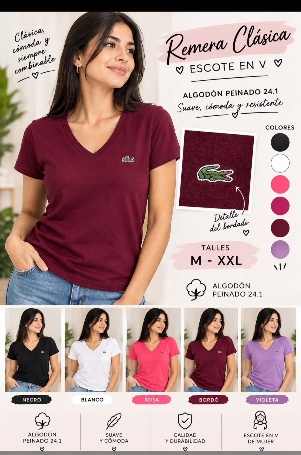 Remeras de Dama Cuello V Algodón Pienado - Imagen 2