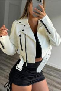 Campera  Cuero Importado Yd Cinto Blanco